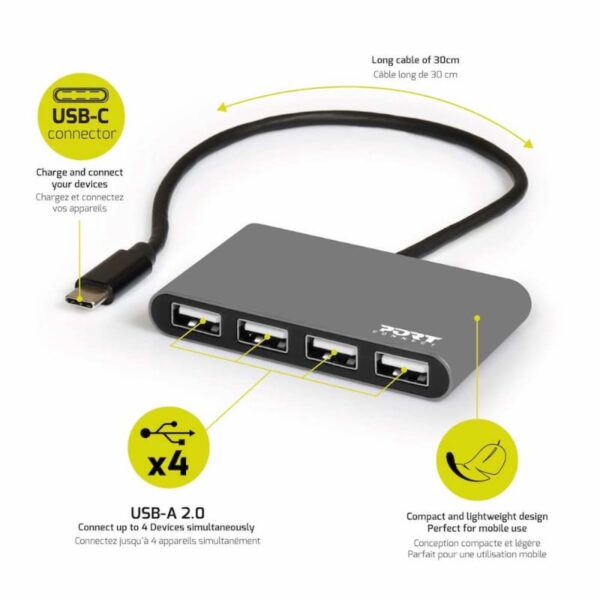 Port USB Type-C to 4 x USB2.0 480Mbs 4 Port Hub - Black - Image 5