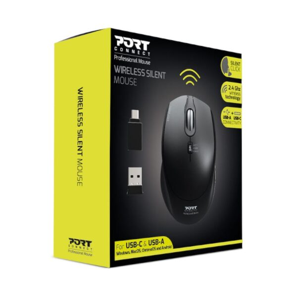 Port Wireless Silent 3600DPI 3 Button USB and Type-C Dongle Mouse - Black - Image 4