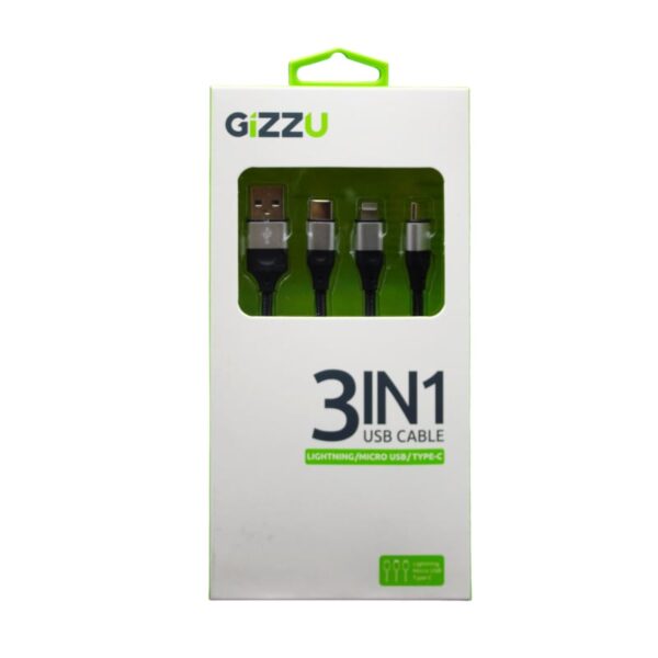 GIZZU 3in1 USB to Micro USB/Type-C/Lightning 1.2m Cable - Black - Image 3